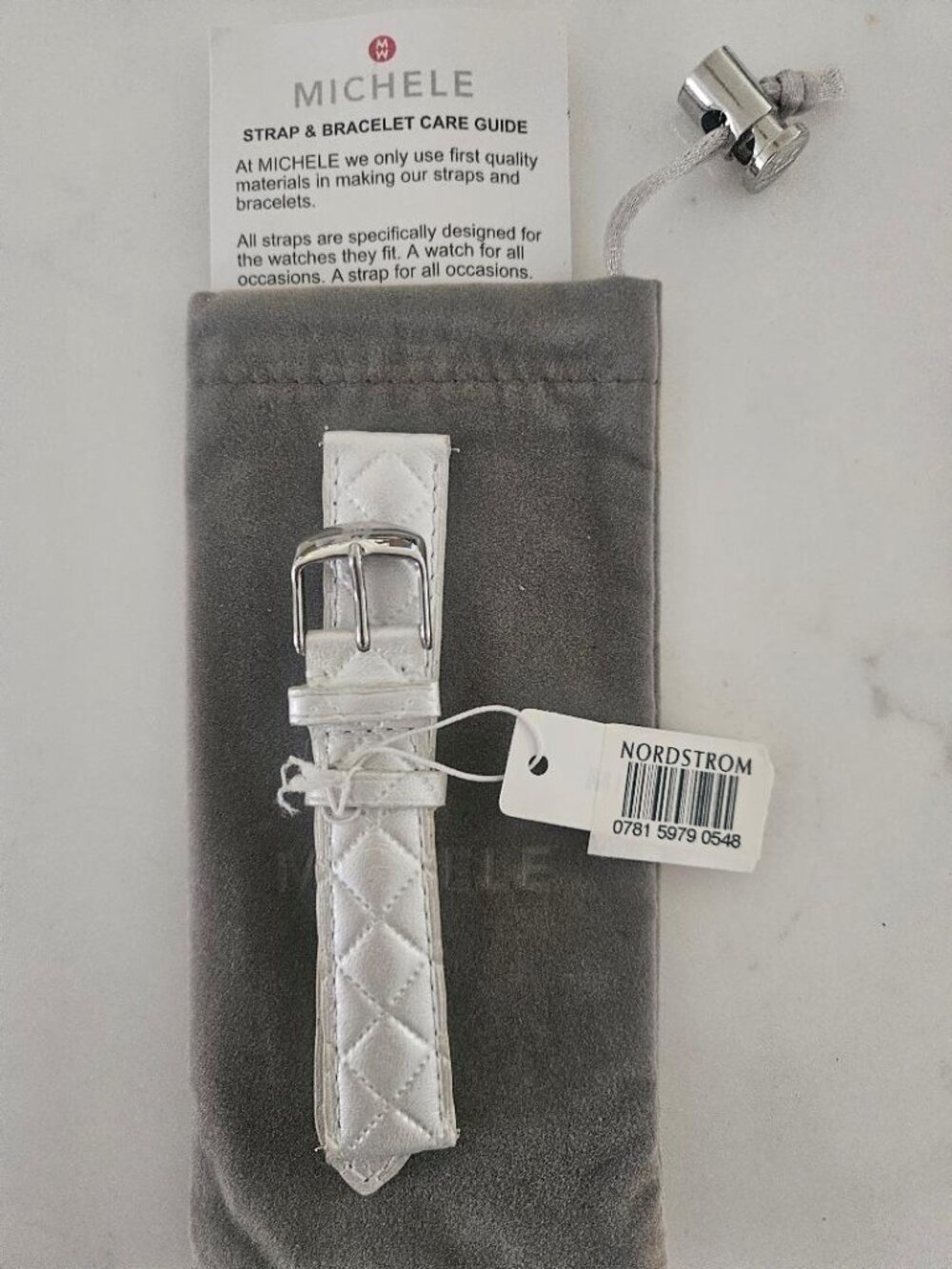 NWT Michele 18mm Winter White Quilted Leather Watch Strap Silver Buckle MS18AA37